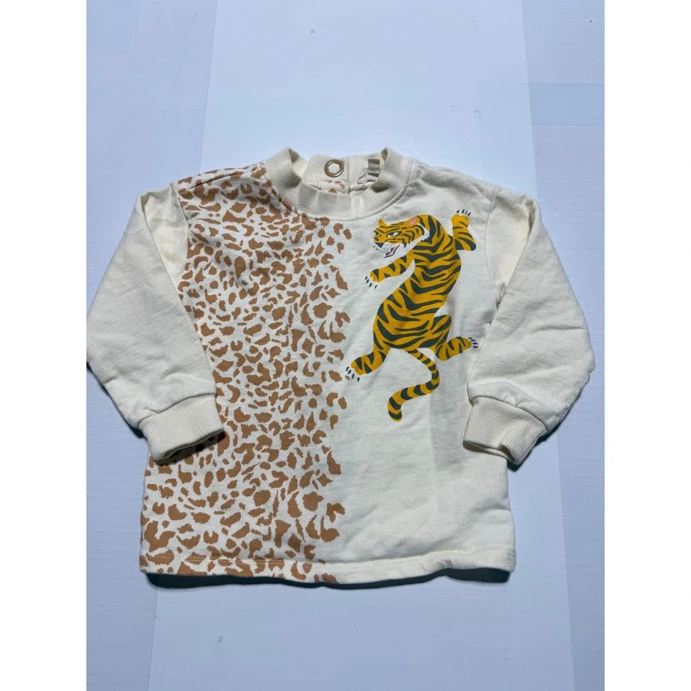 Finding Foxtale Kids Tiger Cheetah Print Sweatshirt Cream Snap Back Top Size 2